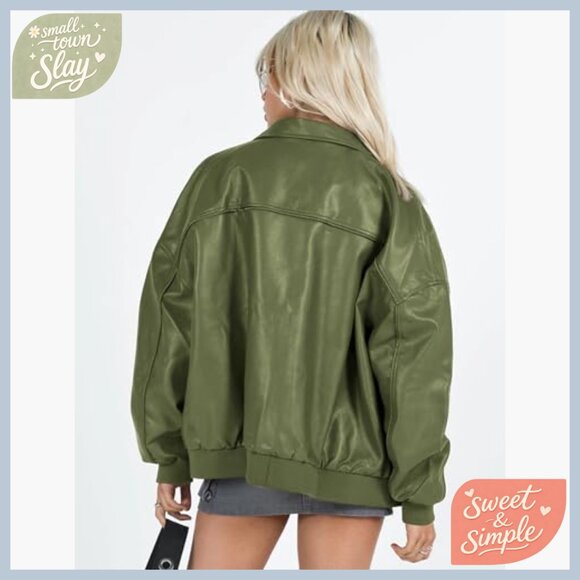 Oversized Faux Leather Bomber Jacket Long Sleeve Motorcycle Style - Picture 4 of 7